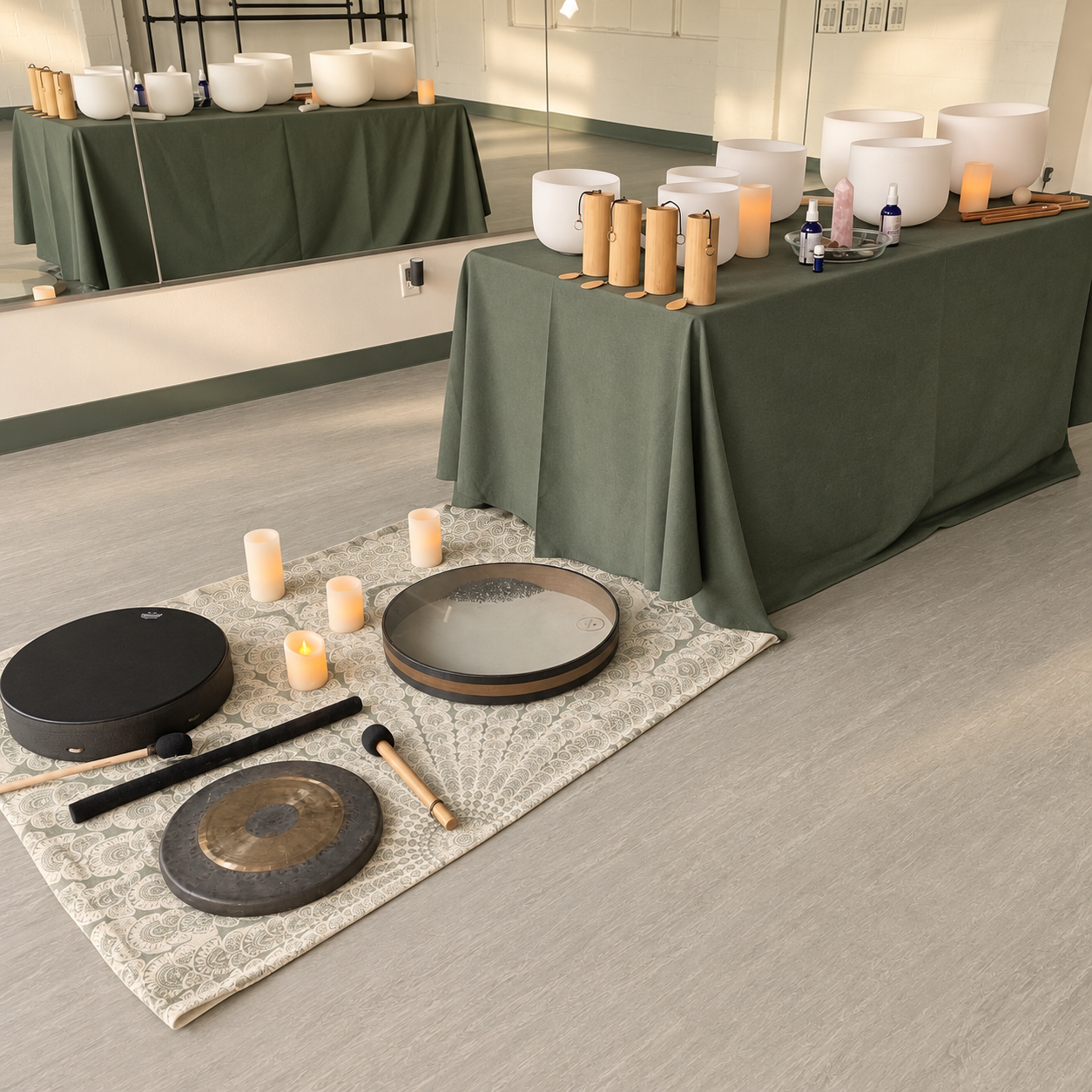 Singing bowls, instruments, and candles prepared for sound healing